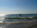 Al and Morgan in the sea at Borth