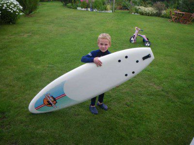 Morgan's First surfboard
