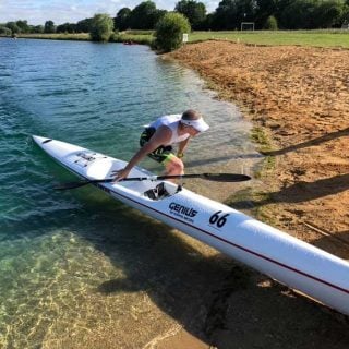 Surf Ski exit at Box End Quadrathlon